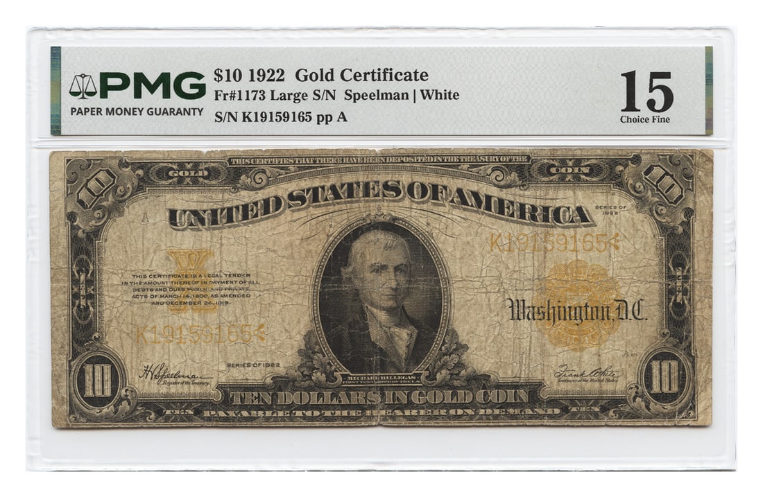 1922 Ten Dollar Gold Certificate Speelman White PMG Fine 15 Large Note (1 of 2)