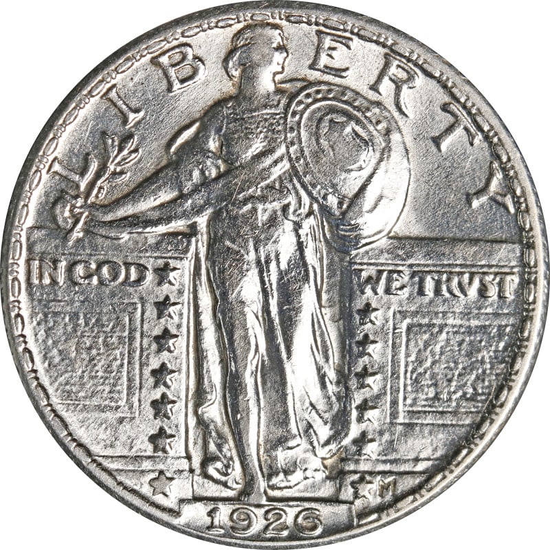 1926 Philadelphia Mint Silver Standing Liberty Quarter Coin United States: 1926 Philadelphia Mint Silver Standing Liberty Quarter Coin United States This is a 1926-P Standing Liberty Quarter from the United States. The coin is composed of silver with a fineness of 0.9 and wa