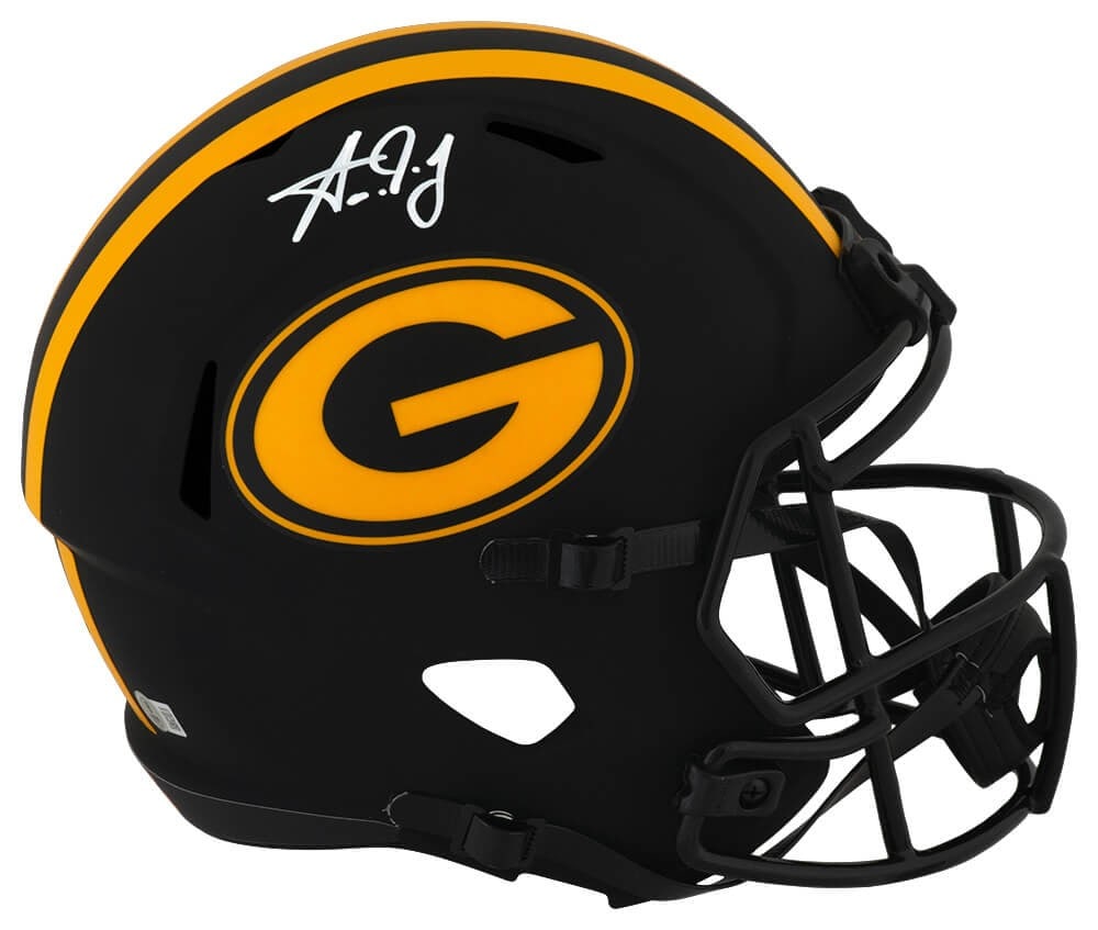 Aaron Jones Signed Green Bay Packers Eclipse Helmet with Beckett COA: Aaron Jones Signed Green Bay Packers Eclipse Helmet with Beckett COA This striking Aaron Jones signed Green Bay Packers Eclipse black matte Riddell full-size speed replica helmet is a must-have for an