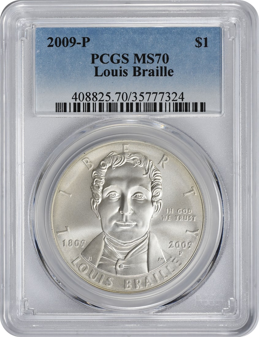 2009-P Louis Braille Silver Commemorative Dollar MS70 PCGS Uncirculated: 2009-P Louis Braille Silver Commemorative Dollar MS70 PCGS Uncirculated This 2009-P Louis Braille Silver Commemorative Dollar is a remarkable tribute to the legacy of Louis Braille, the inventor of th
