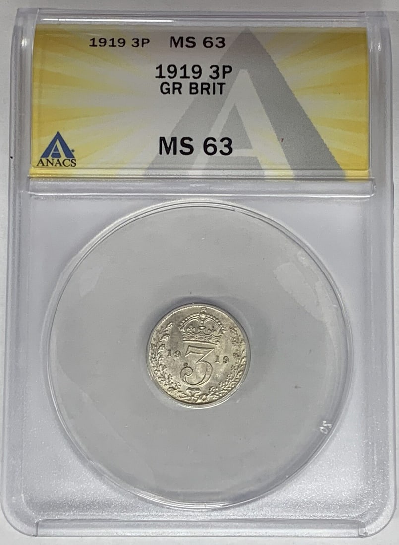 1919 United Kingdom Silver 3 Pence ANACS MS 63 Certified Coin: 1919 United Kingdom Silver 3 Pence ANACS MS 63 Certified Coin This 1919 Great Britain 3 Pence coin is composed of silver and has been graded MS 63 by ANACS. It originates from the United Kingdom and i