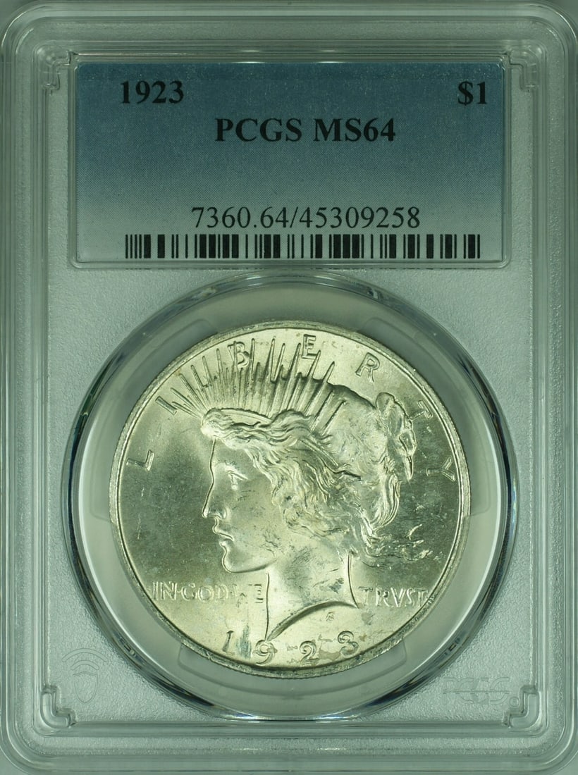 PCGS MS64 1923 Peace Dollar Silver Coin Philadelphia Mint: PCGS MS64 1923 Peace Dollar Silver Coin Philadelphia Mint This is a 1923 Peace Silver Dollar from the United States, certified by PCGS with a grade of MS 64. Struck at the Philadelphia Mint, the coin 