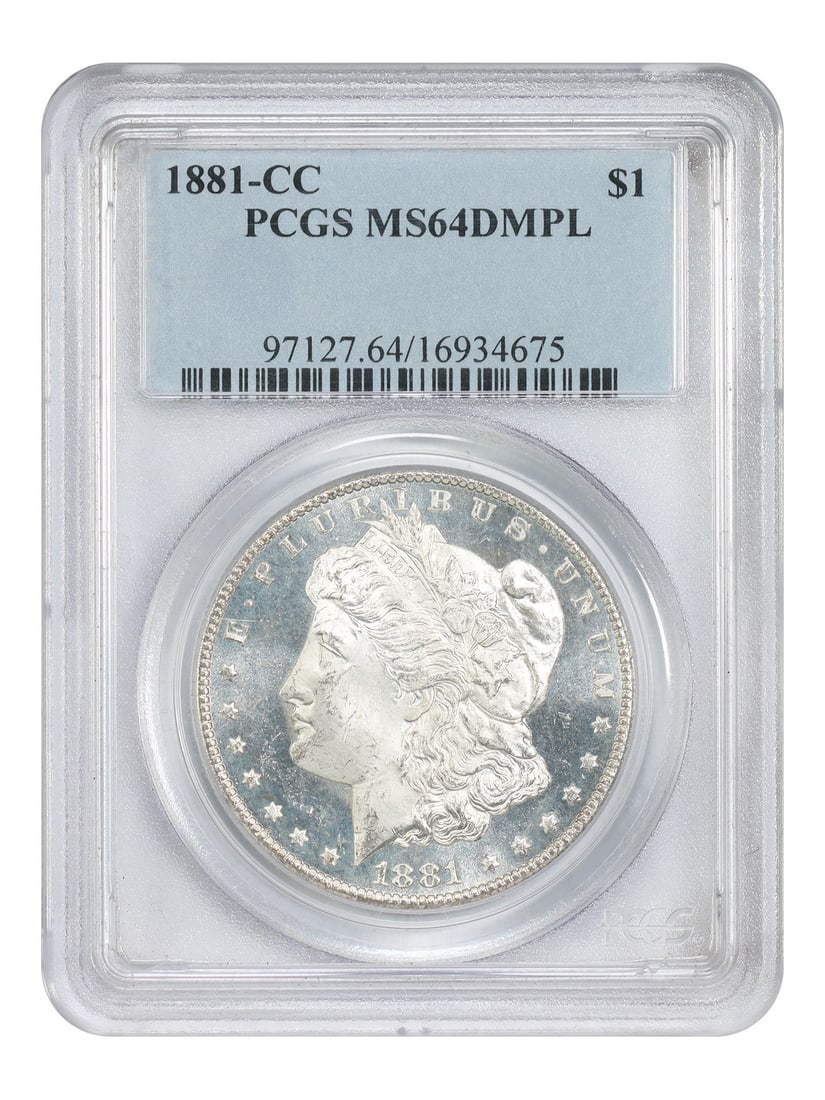 PCGS MS64DMPL 1881 Carson City Morgan Dollar Deep Mirror Prooflike: PCGS MS64DMPL 1881 Carson City Morgan Dollar Deep Mirror Prooflike This 1881-CC Morgan Dollar is graded MS64DMPL by PCGS, making it an exceedingly scarce example in Deep Mirror Prooflike condition. Or