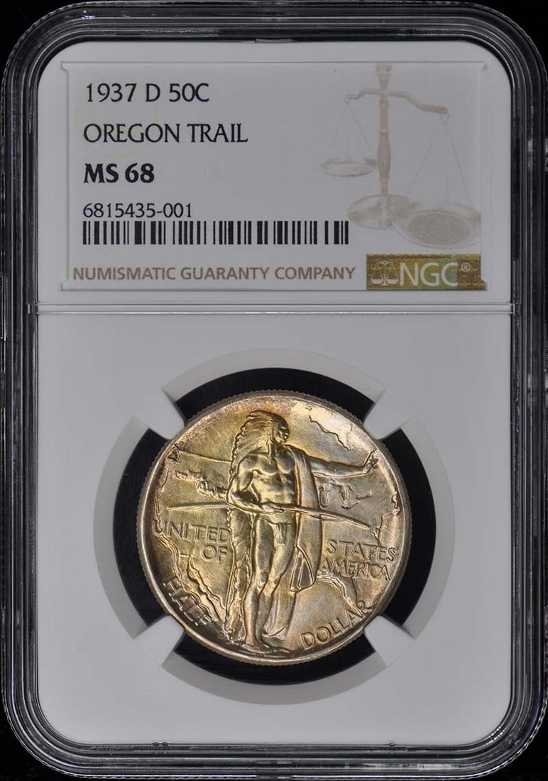 1937-D Oregon 50 Cent Silver Commemorative Coin NGC MS68: 1937-D Oregon 50 Cent Silver Commemorative Coin NGC MS68 This 1937-D Oregon Silver Commemorative 50-cent coin has been certified by NGC with a grade of MS68. It is an uncirculated, pre-owned coin mint