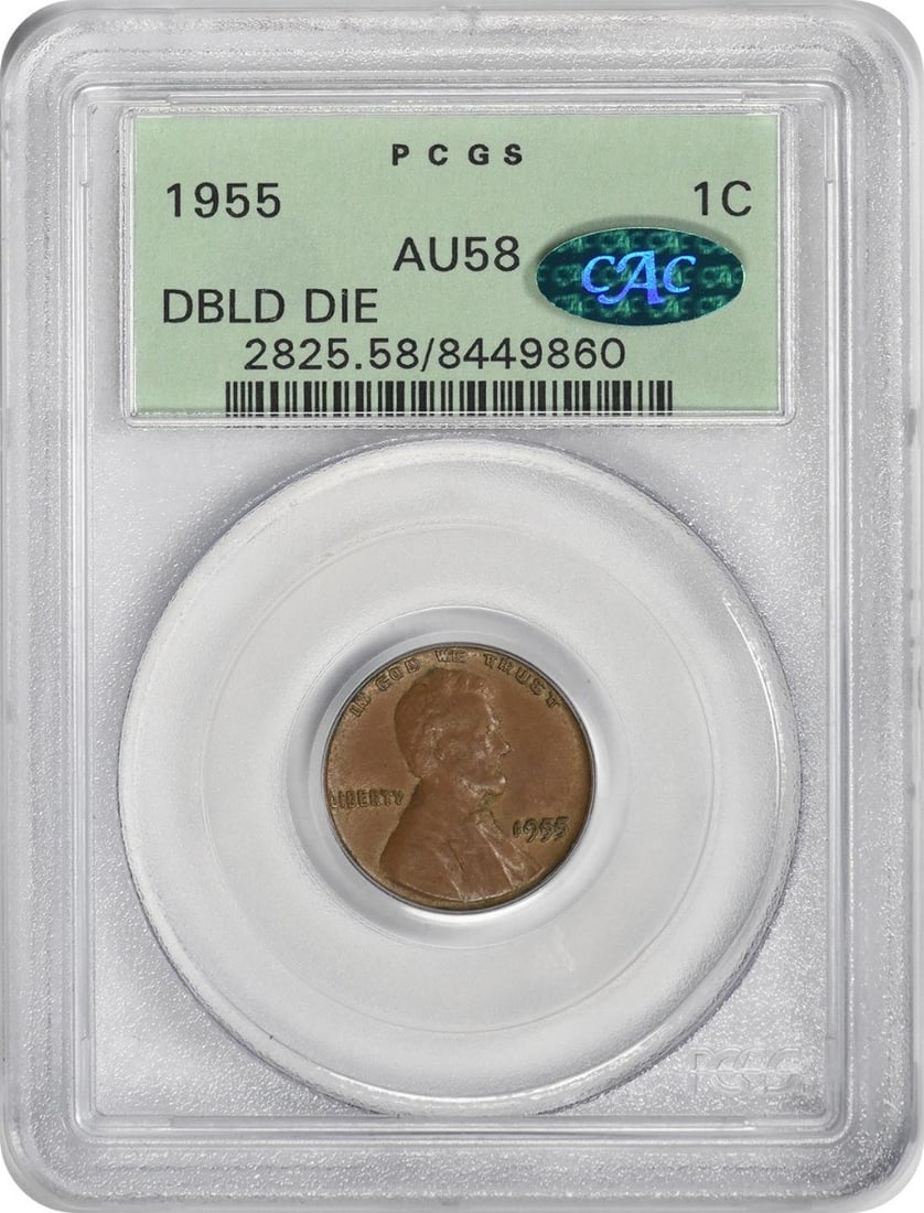 1955 Lincoln Cent Doubled Die AU58 PCGS OGH with CAC: 1955 Lincoln Cent Doubled Die AU58 PCGS OGH with CAC This 1955 Lincoln Cent is a remarkable example of a Doubled Die, certified by PCGS with a grade of AU58. Struck in copper, this coin represents an 