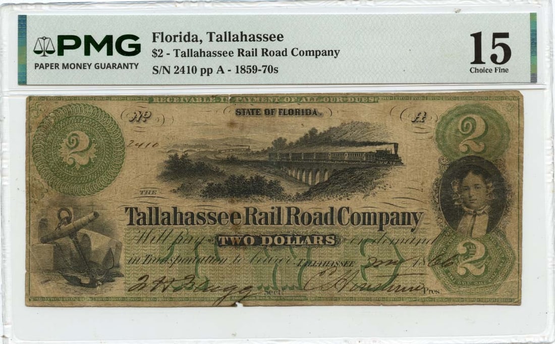 Tallahassee Rail Road Company 1866 Two Dollar Obsolete Currency PMG F15 (1 of 2)