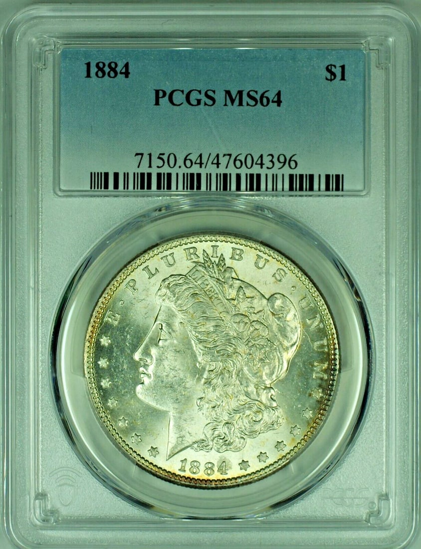 PCGS MS 64 1884 Morgan Dollar Silver Coin: PCGS MS 64 1884 Morgan Dollar Silver Coin This is an 1884 Morgan Silver Dollar from the United States, featuring a silver composition. The coin is graded MS 64 by PCGS, indicating it is in uncirculate