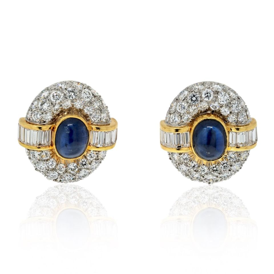 Van Cleef & Arpels 18K Yellow Gold Sapphire Diamond Earrings 8.04 Cts: Van Cleef & Arpels 18K Yellow Gold Sapphire Diamond Earrings 8.04 Cts Discover the luxurious allure of these Van Cleef & Arpels 18K Yellow Gold Sapphire and Diamond Clip-On Earrings. Crafted in exquis
