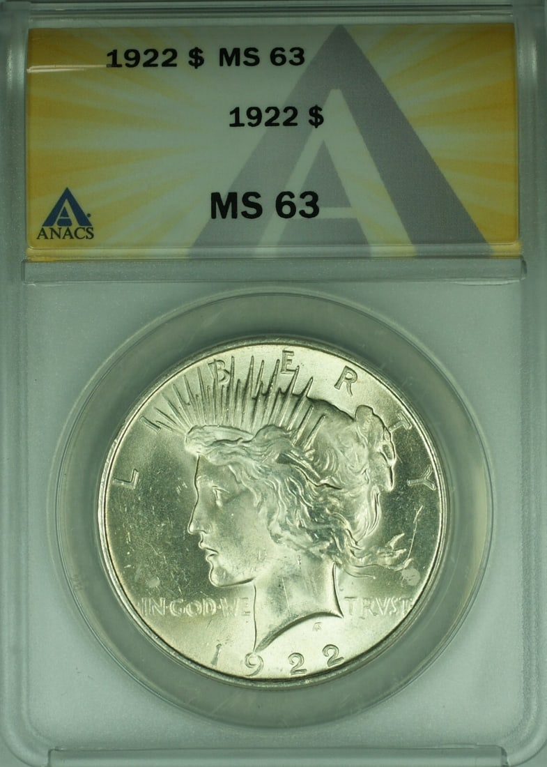 ANACS MS63 1922 Peace Dollar Silver Coin Philadelphia Mint: ANACS MS63 1922 Peace Dollar Silver Coin Philadelphia Mint This is a 1922 Peace Silver Dollar from the United States, certified by ANACS and graded MS 63. Minted in Philadelphia, this uncirculated coi