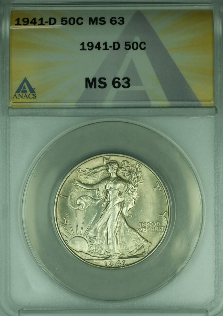 1941 Denver Liberty Walking Half Dollar Silver Coin ANACS MS 63: 1941 Denver Liberty Walking Half Dollar Silver Coin ANACS MS 63 This is a 1941-D Walking Liberty Silver Half Dollar from the United States, graded MS 63 by ANACS. The coin was minted in Denver and is 