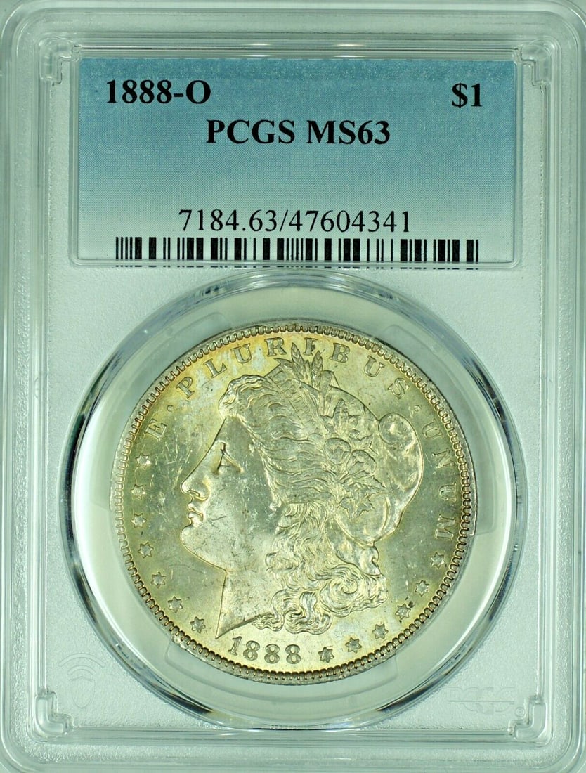 PCGS MS 63 1888-O Morgan Dollar Toned Silver Coin: PCGS MS 63 1888-O Morgan Dollar Toned Silver Coin This 1888-O Morgan Silver Dollar features attractive toning and is graded MS 63 by PCGS. It is composed of silver and remains uncirculated, making it 