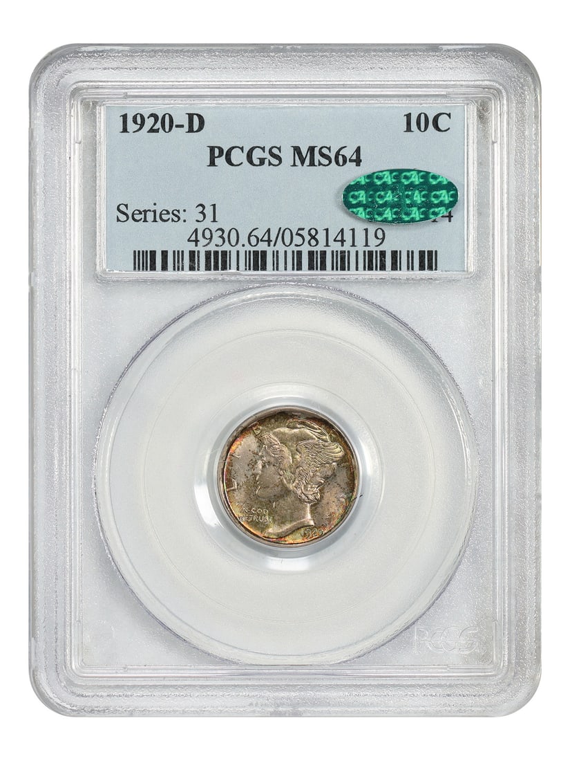PCGS CAC MS64 1920 Denver Mercury Dime Ten Cent Uncirculated: PCGS CAC MS64 1920 Denver Mercury Dime Ten Cent Uncirculated This is a 1920-D Mercury Dime graded MS64 by PCGS and certified by CAC. The coin is uncirculated and was minted in Denver. It belongs to th