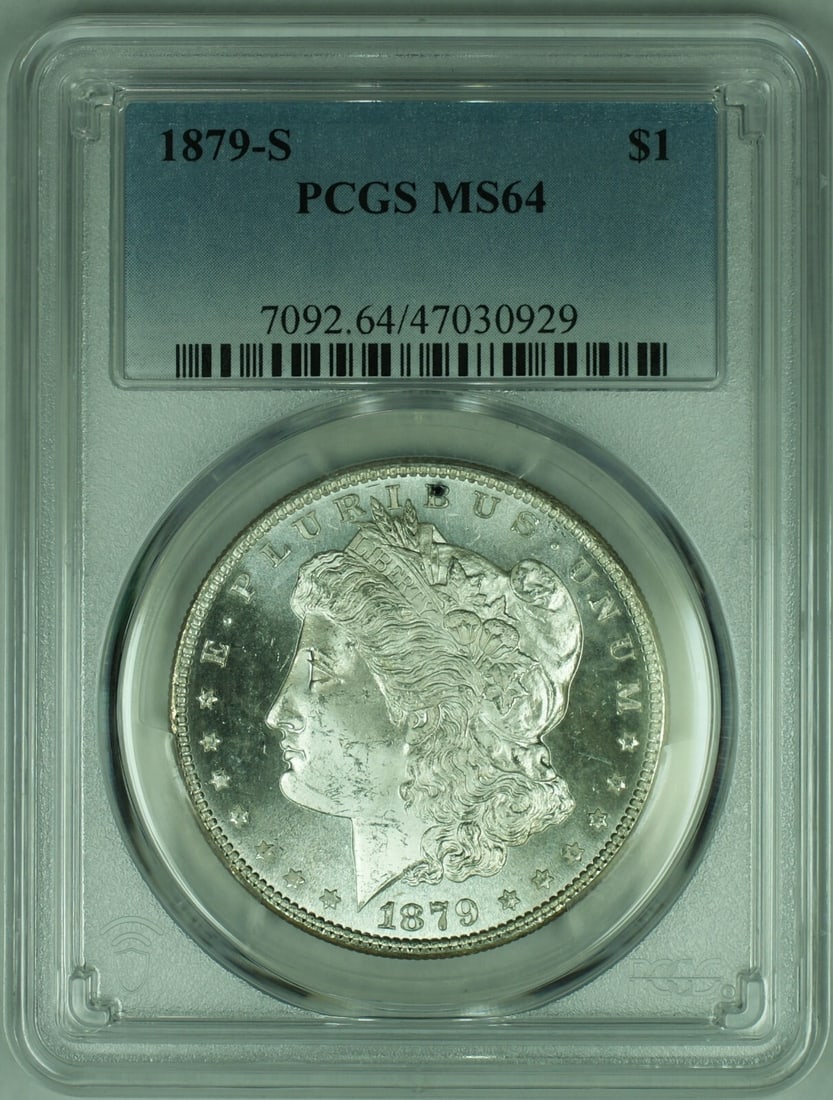 PCGS MS-64 1879-S Morgan Dollar Semi Proof-Like Uncirculated Silver Coin: PCGS MS-64 1879-S Morgan Dollar Semi Proof-Like Uncirculated Silver Coin This 1879-S Morgan Silver Dollar features semi proof-like surfaces and has been graded MS-64 by PCGS. Struck at the San Francis