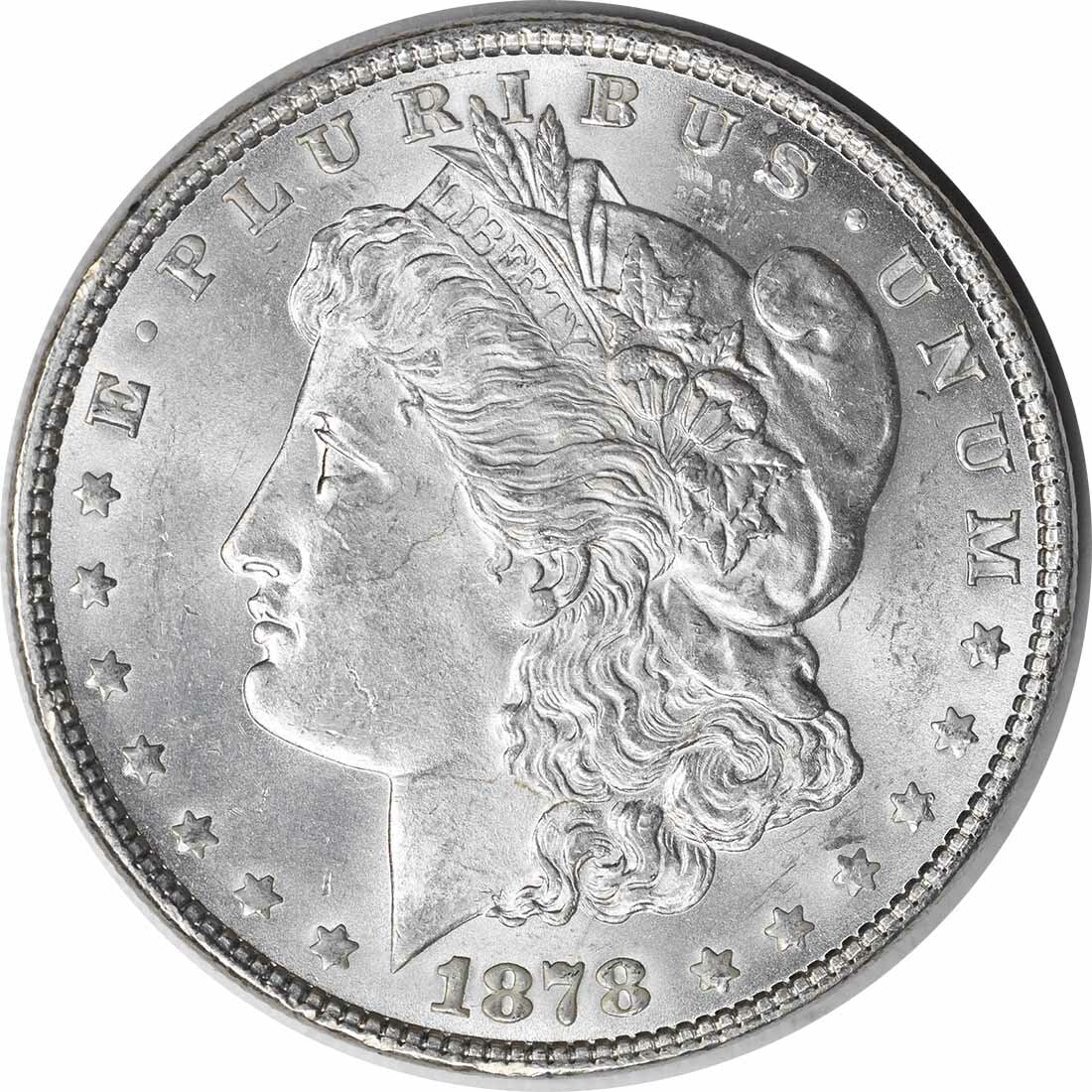 Uncirculated 1878 Morgan Dollar 7 Tail Feathers Reverse Silver Choice BU: Uncirculated 1878 Morgan Dollar 7 Tail Feathers Reverse Silver Choice BU This is a 1878 Morgan Silver Dollar featuring the 7 Tail Feathers Reverse of 1878. The coin is uncirculated and in Choice Brill