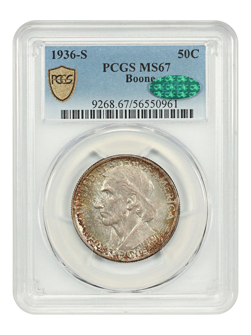 Boone Half Dollar 1936-S PCGS CAC MS67 Classic Silver Commemorative Coin: Boone Half Dollar 1936-S PCGS CAC MS67 Classic Silver Commemorative Coin This 1936-S Boone 50-cent coin is a classic silver commemorative, graded MS67 by PCGS and verified by CAC. Issued by the San Fr