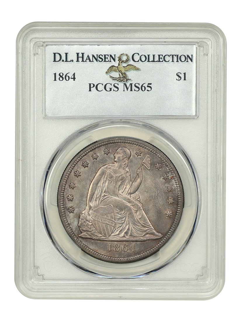 1864 Liberty Seated Dollar PCGS MS65 Ex D.L. Hansen Scarce Gem: 1864 Liberty Seated Dollar PCGS MS65 Ex D.L. Hansen Scarce Gem This stunning 1864 Liberty Seated Dollar is graded MS65 by PCGS, making it a true gem for collectors. Certified with number 41700163, thi