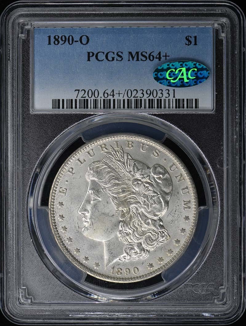 1890-O Morgan Dollar PCGS MS64+ CAC Certified Uncirculated: 1890-O Morgan Dollar PCGS MS64+ CAC Certified Uncirculated This 1890-O $1 Morgan Dollar, certified by PCGS with a grade of MS64+, is an exquisite addition to any collection. Struck in New Orleans, thi