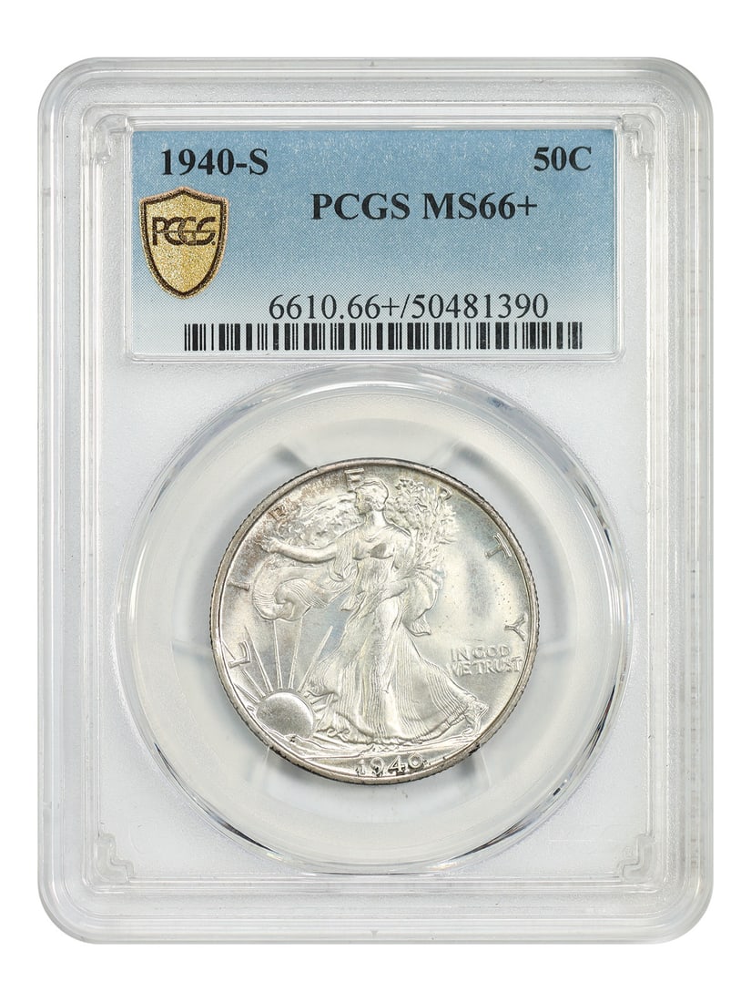 PCGS MS66 Plus 1940-S Walking Liberty Half Uncirculated San Francisco: PCGS MS66 Plus 1940-S Walking Liberty Half Uncirculated San Francisco This 1940-S Walking Liberty Half Dollar is graded MS66+ by PCGS, indicating an uncirculated coin with exceptional quality. The coi