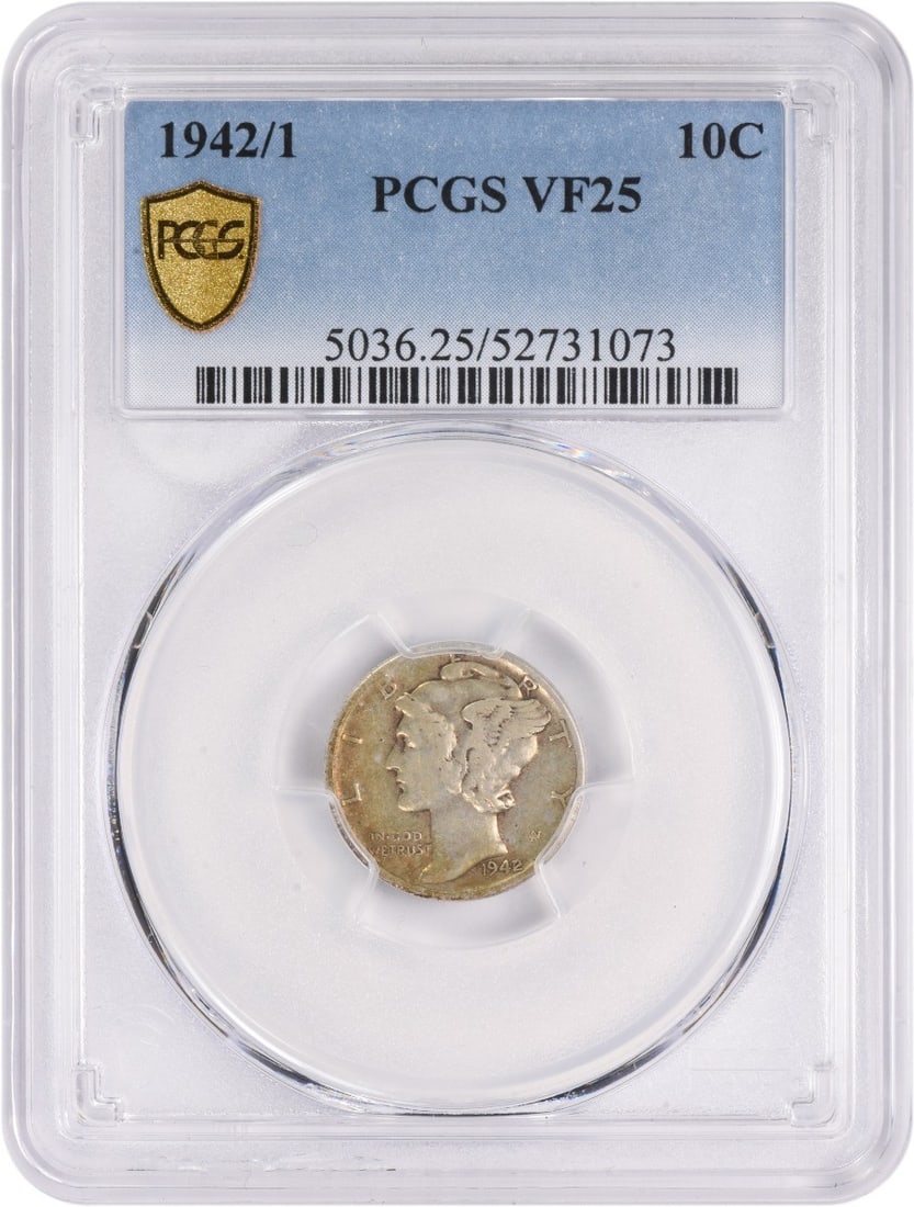 1942 Mercury Silver Dime VF25 Certified PCGS 90% Silver: 1942 Mercury Silver Dime VF25 Certified PCGS 90% Silver This 1942 Mercury Silver Dime is a classic piece from the Philadelphia mint, boasting a grade of VF25 as certified by PCGS. The coin, designed b