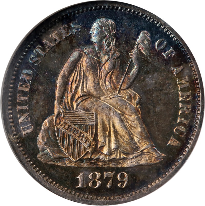 NGC PF63 Proof 1879 Seated Liberty Dime Silver Coin: NGC PF63 Proof 1879 Seated Liberty Dime Silver Coin This original 1879 Seated Liberty Dime Proof features great eye appeal, fantastic luster, and a strong strike. Graded NGC PF63, it displays attracti