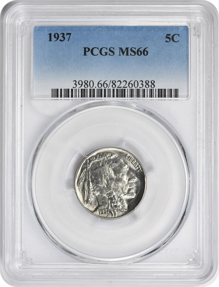 1937 Buffalo Nickel MS66 PCGS Uncirculated Nickel Coin: 1937 Buffalo Nickel MS66 PCGS Uncirculated Nickel Coin This 1937 Buffalo Nickel is a stunning example of numismatic artistry, graded MS66 by PCGS, ensuring its top-tier quality. The coin features the 