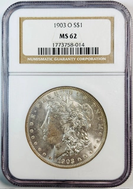 NGC MS62 1903 New Orleans Silver Dollar USA: NGC MS62 1903 New Orleans Silver Dollar USA This 1903 O Morgan Silver Dollar is certified by NGC with a grade of MS 62. Struck in New Orleans, this uncirculated coin is composed of silver and originat