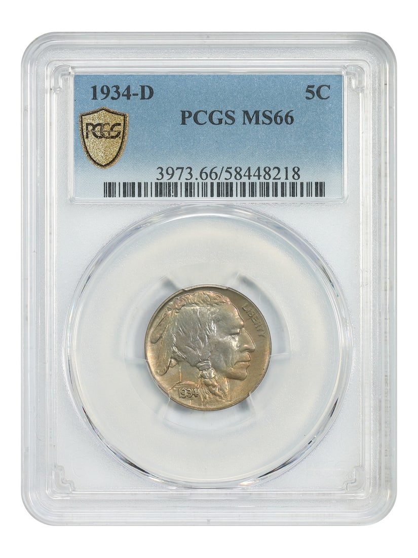 PCGS MS66 Buffalo Nickel 1934 Denver Five Cent Coin: PCGS MS66 Buffalo Nickel 1934 Denver Five Cent Coin This 1934-D Buffalo Nickel is a certified MS66 example graded by PCGS. The coin features deeply lustrous, frosty surfaces with light original toning