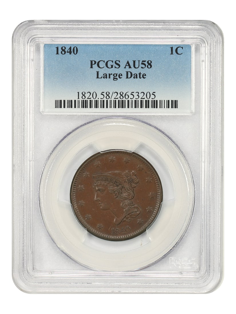 PCGS AU58 Braided Hair Large Date 1840 One Cent Coin (1 of 4)