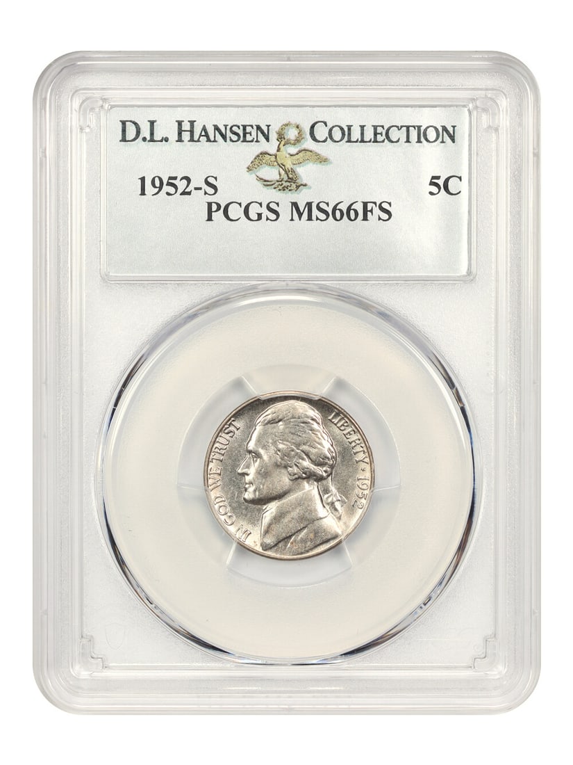1952-S Jefferson Nickel PCGS MS66 FS Uncirculated San Francisco: 1952-S Jefferson Nickel PCGS MS66 FS Uncirculated San Francisco This 1952-S 5-cent coin is graded MS66 by PCGS, featuring a beautiful luster and excellent strike. It is a Jefferson Nickel from the San