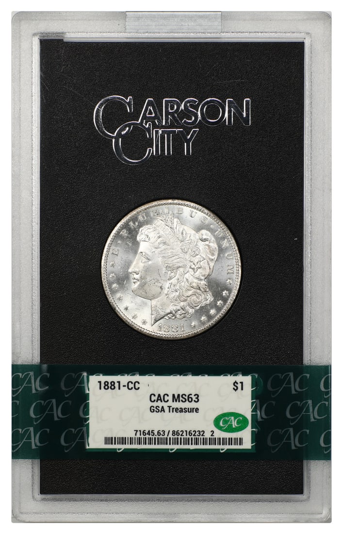 1881 Carson City Morgan Silver Dollar CACG MS63 GSA Holder: 1881 Carson City Morgan Silver Dollar CACG MS63 GSA Holder This is an uncirculated 1881-CC Morgan Dollar graded MS63 by CACG. Minted at the Carson City Mint, this coin is recognized as a popular hoard