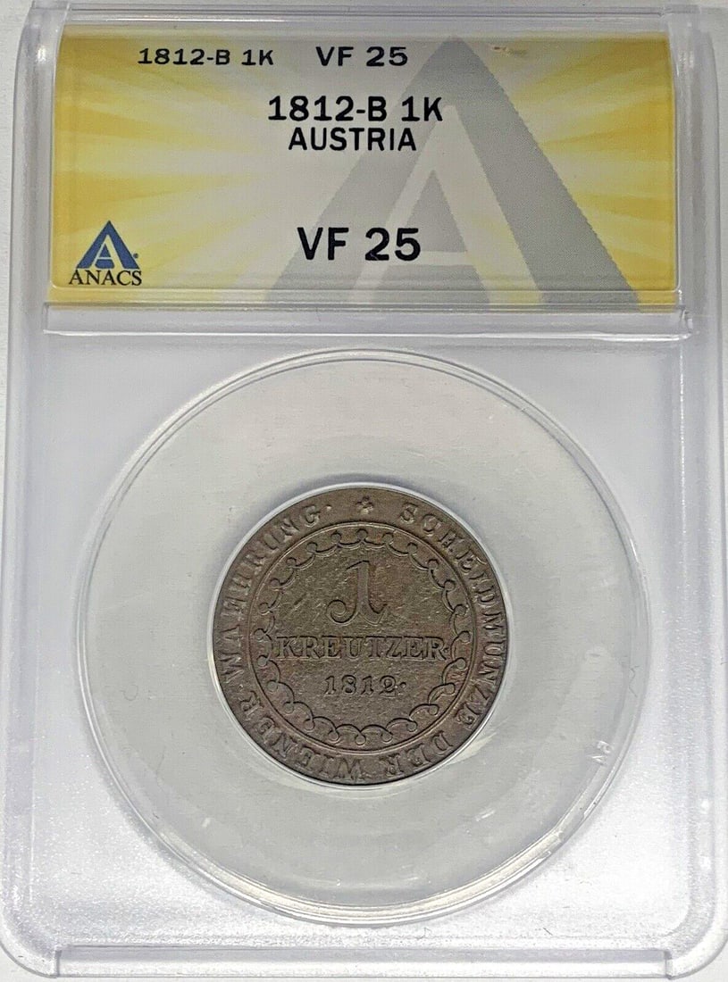 ANACS VF 25 1812-B Copper 1 Kreutzer Coin from Austria: ANACS VF 25 1812-B Copper 1 Kreutzer Coin from Austria This 1812-B Austria 1 Kreutzer coin is composed of copper and has been graded VF 25 by ANACS. It is a circulated, pre-owned coin certified for au