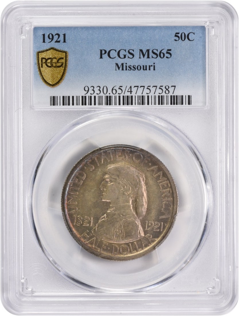 1921 Missouri 90 Percent Silver Half Dollar MS65 Graded by PCGS: 1921 Missouri 90 Percent Silver Half Dollar MS65 Graded by PCGS This Missouri Commemorative Half Dollar from 1921 is a United States coin graded MS65 by PCGS. Struck at the Philadelphia Mint, it is co