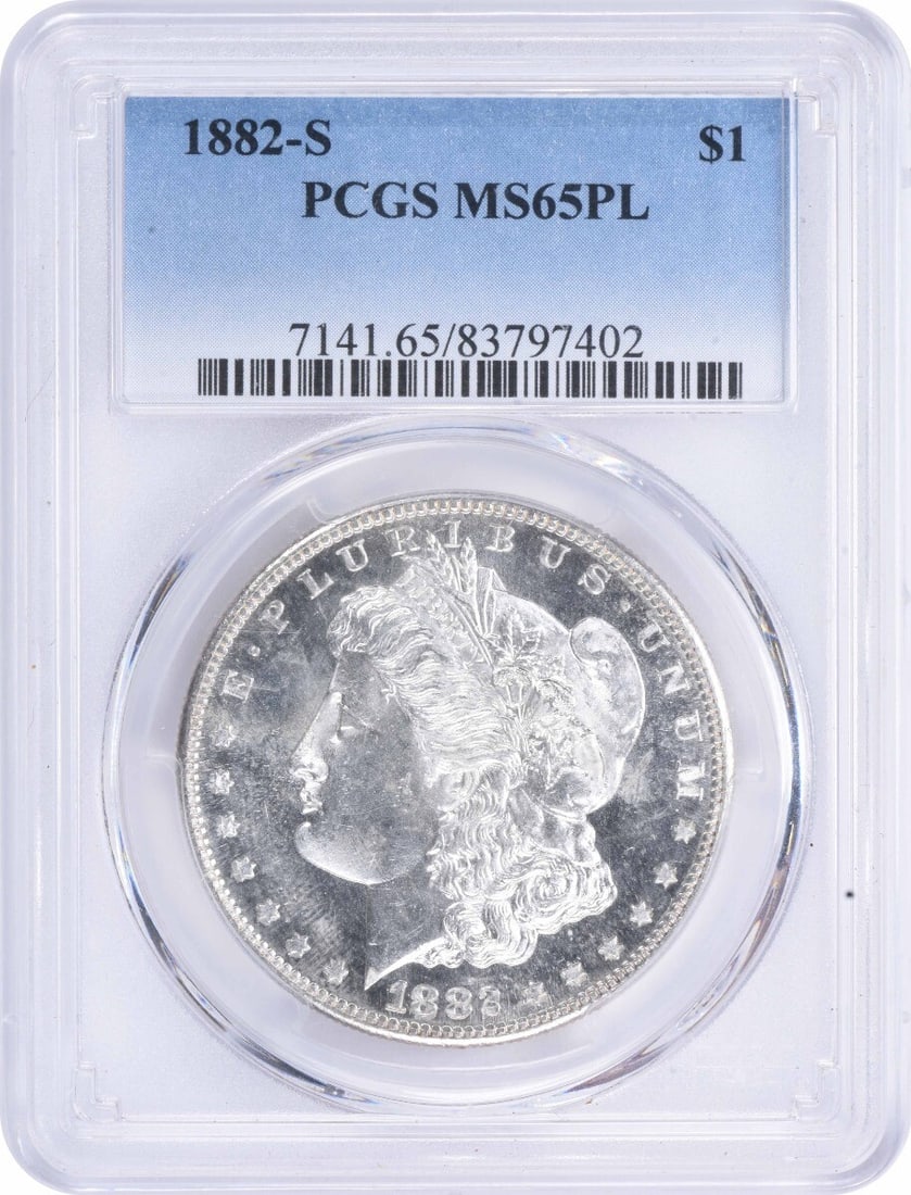1882-S Morgan Silver Dollar MS65PL PCGS Uncirculated Silver Coin: 1882-S Morgan Silver Dollar MS65PL PCGS Uncirculated Silver Coin This stunning 1882-S Morgan Silver Dollar is a collector's dream, showcasing an exceptional grade of MS65PL certified by PCGS. Struck i