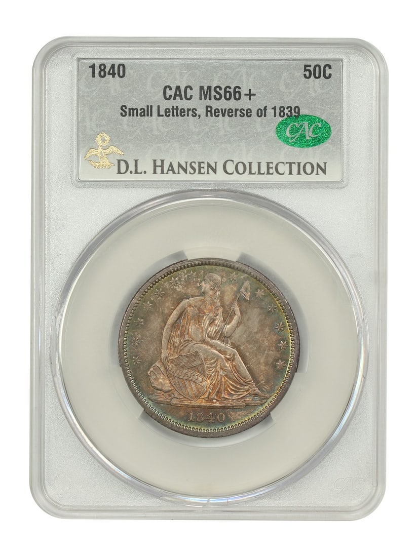 Liberty Seated Half Dollar 1840 Small Letters CACG MS66 Plus D L Hansen Pedigree: Liberty Seated Half Dollar 1840 Small Letters CACG MS66 Plus D L Hansen Pedigree This 1840 Liberty Seated Half Dollar features the Small Letters, Reverse of 1839 variety, minted in Philadelphia. Certi