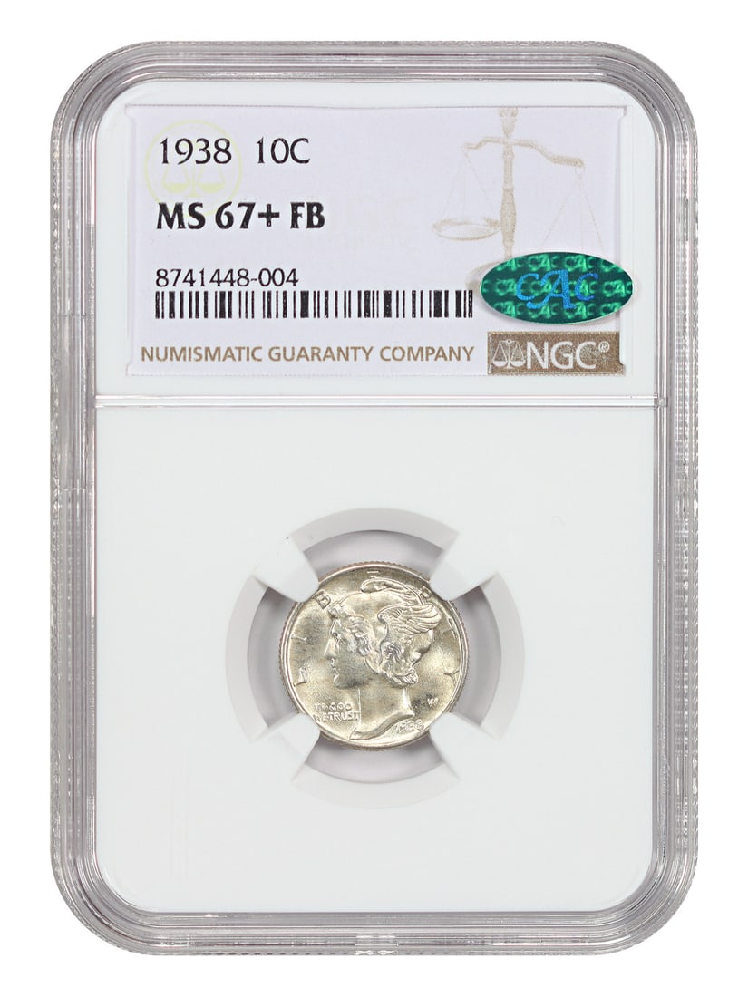 1938 Mercury Dime NGC CAC MS67 Plus Full Bands Philadelphia: 1938 Mercury Dime NGC CAC MS67 Plus Full Bands Philadelphia This 1938 Mercury Dime has been certified by NGC with a grade of MS67+FB and approved by CAC, indicating exceptional quality for its type. S
