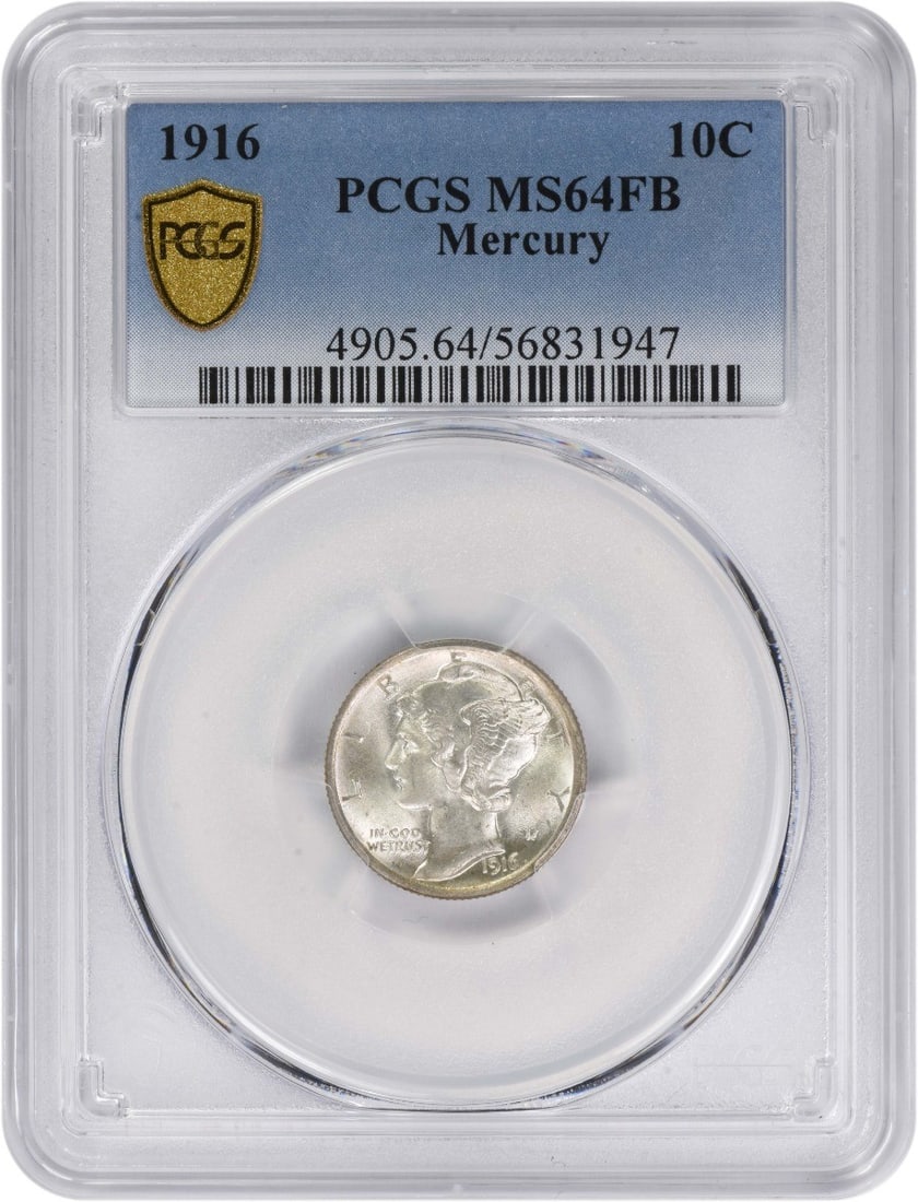 1916 Mercury Dime 10C 90 Percent Silver MS64FB Graded by PCGS: 1916 Mercury Dime 10C 90 Percent Silver MS64FB Graded by PCGS This 1916 Mercury Dime, graded MS64FB by PCGS, is an uncirculated coin from the Philadelphia Mint. Composed of 90% silver and 10% copper, 