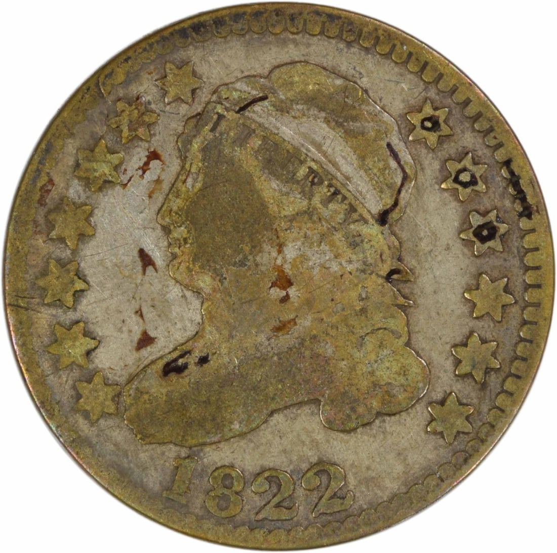 Capped Bust Dime 1822 Philadelphia 89.2 Percent Silver G Grade: Capped Bust Dime 1822 Philadelphia 89.2 Percent Silver G Grade This 1822 Capped Bust Silver Dime is a circulated coin minted in Philadelphia. Designed by John Reich, it features a composition of 89.2%