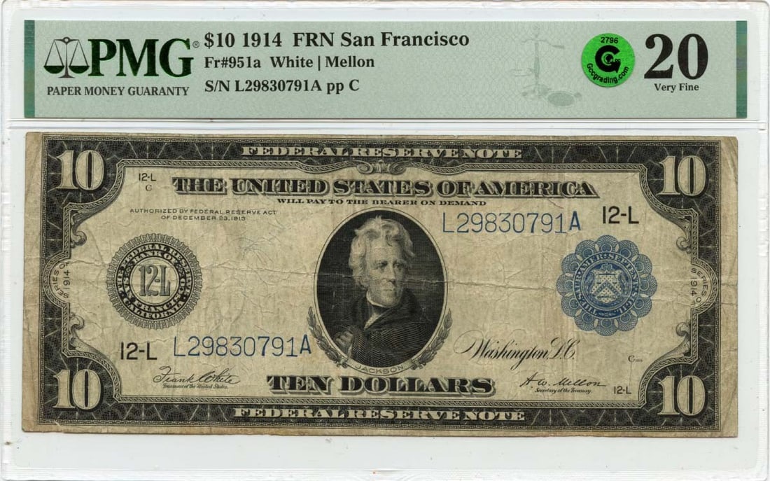 1914 $10 Federal Reserve Note Fr# 951a PMG VF20 San Francisco: 1914 $10 Federal Reserve Note Fr# 951a PMG VF20 San Francisco This 1914 $10 Federal Reserve Note from San Francisco (Fr# 951a) is certified by PMG with a grade of VF20. The note has been circulated, s
