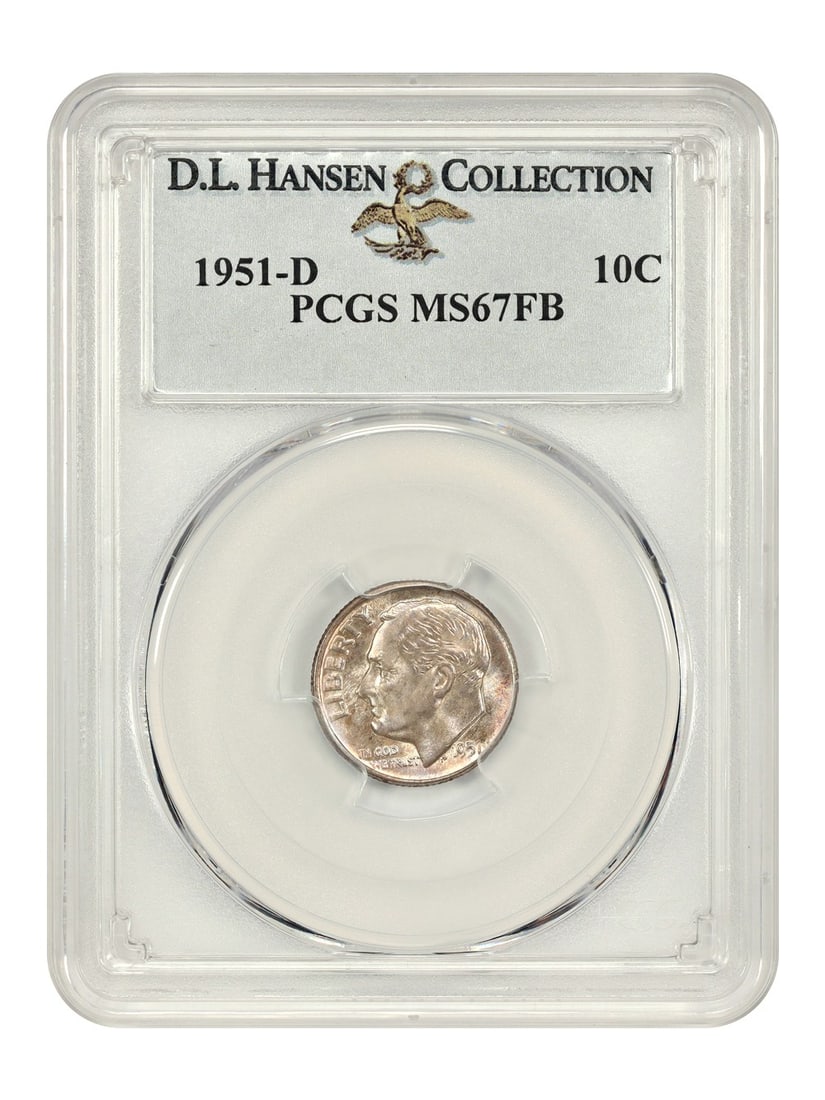 1951 Denver Roosevelt Dime PCGS MS67FB ex D L Hansen: 1951 Denver Roosevelt Dime PCGS MS67FB ex D L Hansen This is a 1951-D Roosevelt Dime graded MS67FB by PCGS, originating from the Denver Mint. The coin is uncirculated and features a Full Bands (FB) gr