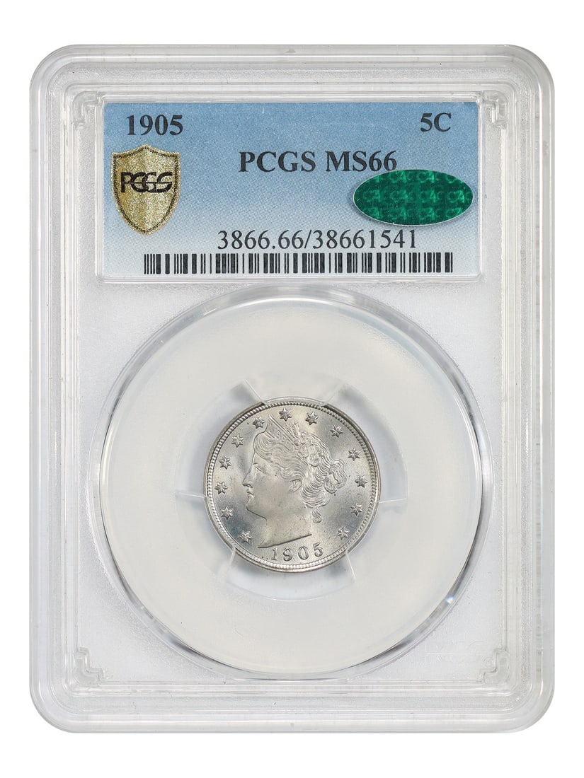 PCGS CAC MS66 1905 Liberty Nickel Five Cent Philadelphia Uncirculated: PCGS CAC MS66 1905 Liberty Nickel Five Cent Philadelphia Uncirculated This 1905 Liberty Nickel is graded MS66 by PCGS and certified by CAC, indicating its exceptional quality. The coin is uncirculated