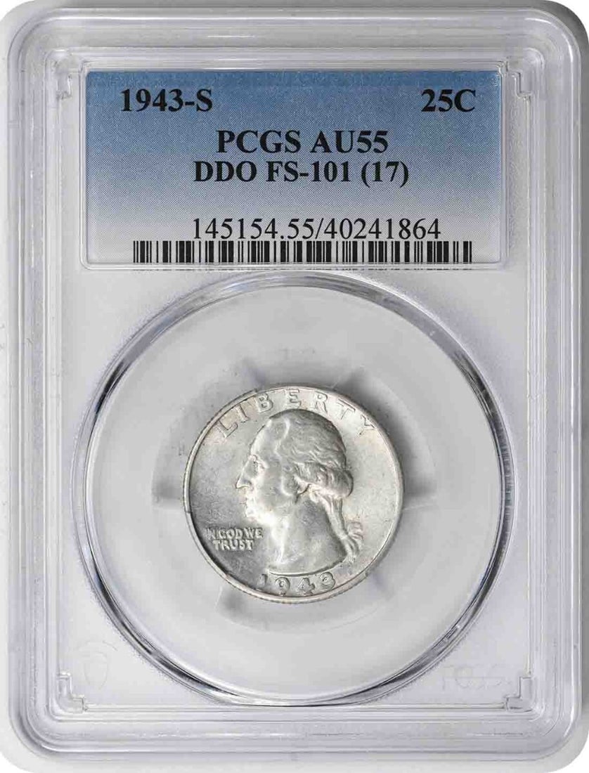 1943-S Washington Quarter DDO FS-101 AU55 PCGS 90% Silver: 1943-S Washington Quarter DDO FS-101 AU55 PCGS 90% Silver This 1943-S Washington Quarter is a stunning collectible coin, certified by PCGS with a grade of AU55. Minted in San Francisco, it features th