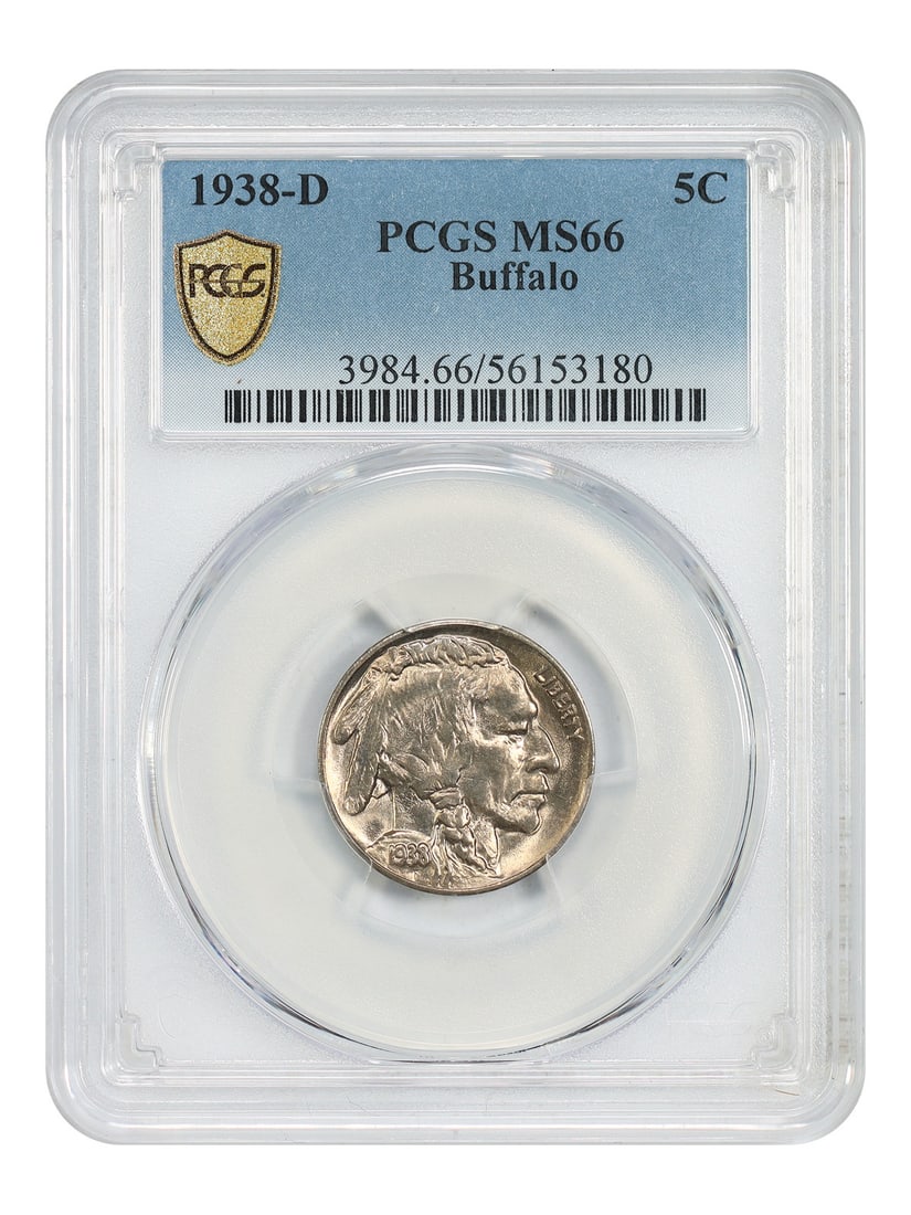 PCGS MS66 1938-D Buffalo Nickel Five Cent Coin: PCGS MS66 1938-D Buffalo Nickel Five Cent Coin This 1938-D Buffalo Nickel is graded MS66 by PCGS and originates from the Denver Mint. It is uncirculated and part of the Buffalo Nickel series, offering