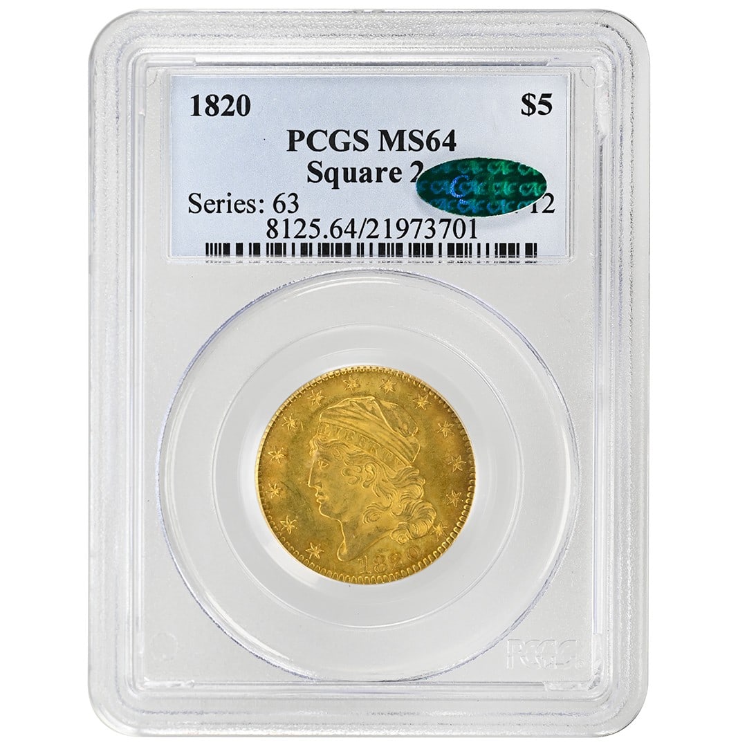 1820 Capped Bust Half Eagle Gold Coin PCGS MS64 CAC Square 2: 1820 Capped Bust Half Eagle Gold Coin PCGS MS64 CAC Square 2 The 1820 $5 Capped Bust gold coin, certified by PCGS and CAC with an MS64 grade, is a rare numismatic piece from the United States. This un