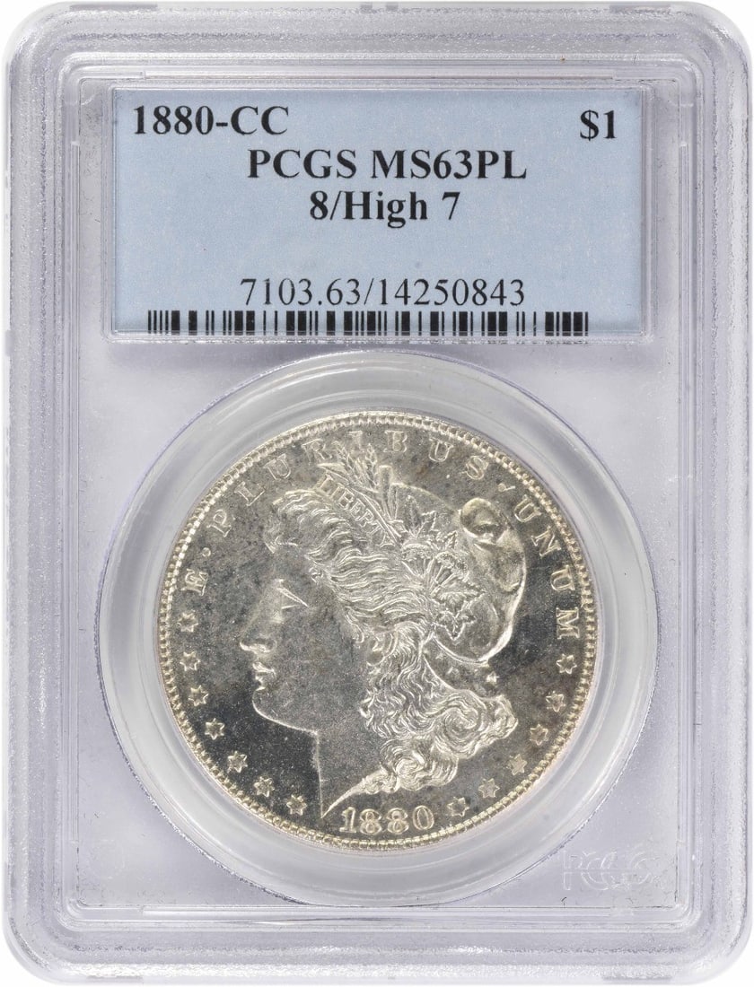 PCGS MS63PL Carson City 1880 8 Over 7 Morgan Dollar: PCGS MS63PL Carson City 1880 8 Over 7 Morgan Dollar This 1880-CC Morgan Silver Dollar features the 8/High 7 variety and is graded MS63PL by PCGS. Struck at the Carson City Mint, this uncirculated coin