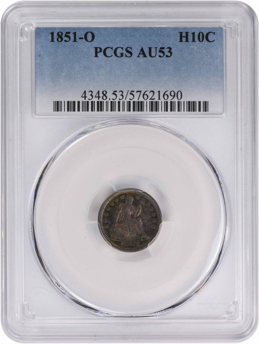 1851-O Liberty Seated Half Dime AU53 PCGS Silver Toned Coin: 1851-O Liberty Seated Half Dime AU53 PCGS Silver Toned Coin This 1851-O Liberty Seated Silver Half Dime features a striking design by Robert Ball Hughes and Christian Gobrecht. Certified by PCGS, this