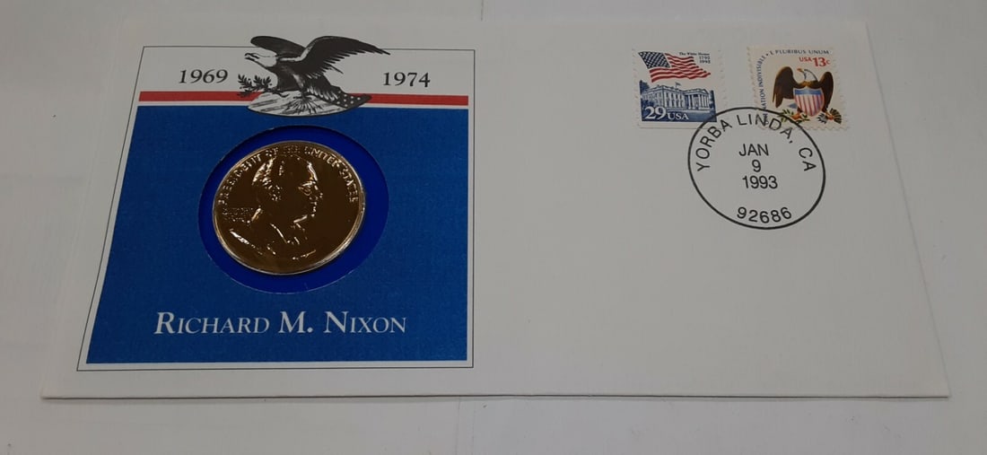 Bronze Nixon Presidential Medal with First Day Cover Hail to The Chiefs: Bronze Nixon Presidential Medal with First Day Cover Hail to The Chiefs This un-used Richard M. Nixon Presidential Medal is made of bronze and comes in a First Day Cover. It is part of The White House