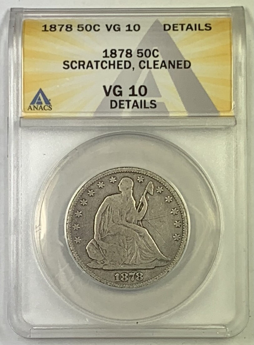 ANACS VG 10 1878 Seated Liberty 50C Half Dollar Certified Coin: ANACS VG 10 1878 Seated Liberty 50C Half Dollar Certified Coin This 1878 Seated Liberty Half Dollar is a circulated coin from the United States, certified by ANACS with a grade of VG 10 Details. It ha
