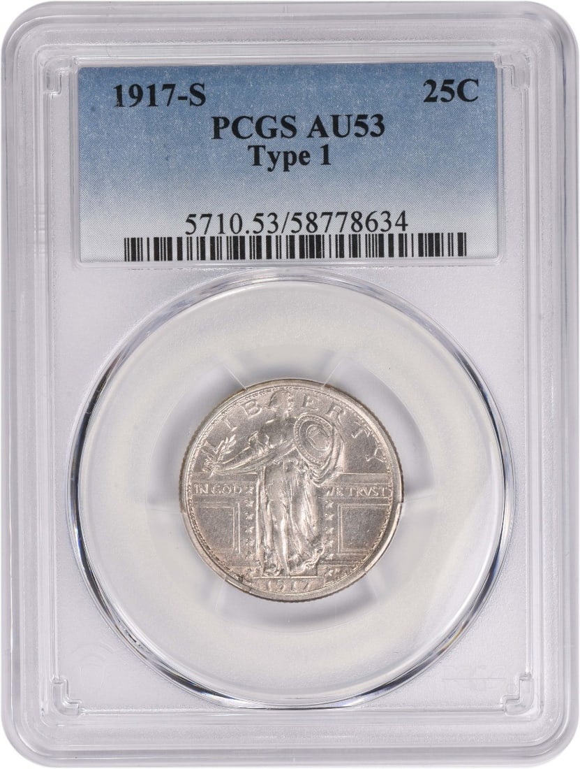 1917 San Francisco Standing Liberty Quarter PCGS AU53 Silver Coin: 1917 San Francisco Standing Liberty Quarter PCGS AU53 Silver Coin This 1917-S Standing Liberty Quarter is a Type I coin graded AU53 by PCGS. Struck at the San Francisco Mint, it features a composition