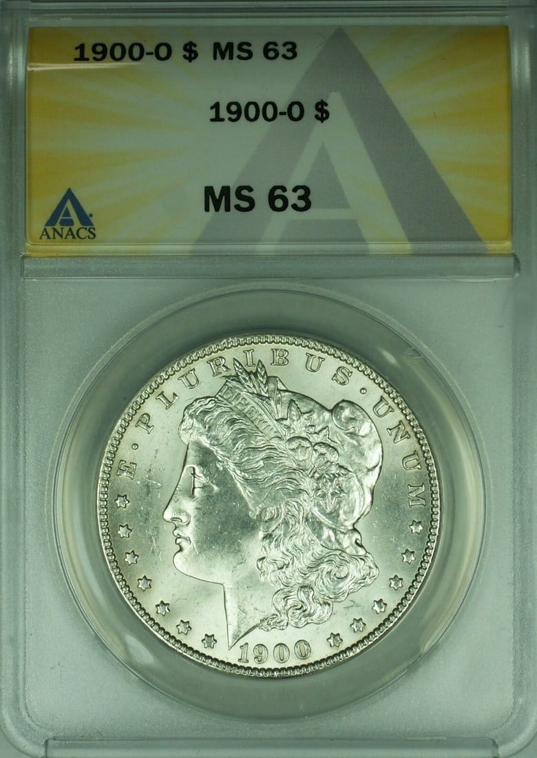 1900-O Morgan Dollar ANACS MS-63 Certified Silver US Coin: 1900-O Morgan Dollar ANACS MS-63 Certified Silver US Coin This is a 1900-O Morgan Silver Dollar $1 coin graded MS-63 by ANACS. Minted in New Orleans, this uncirculated coin is composed of silver and f