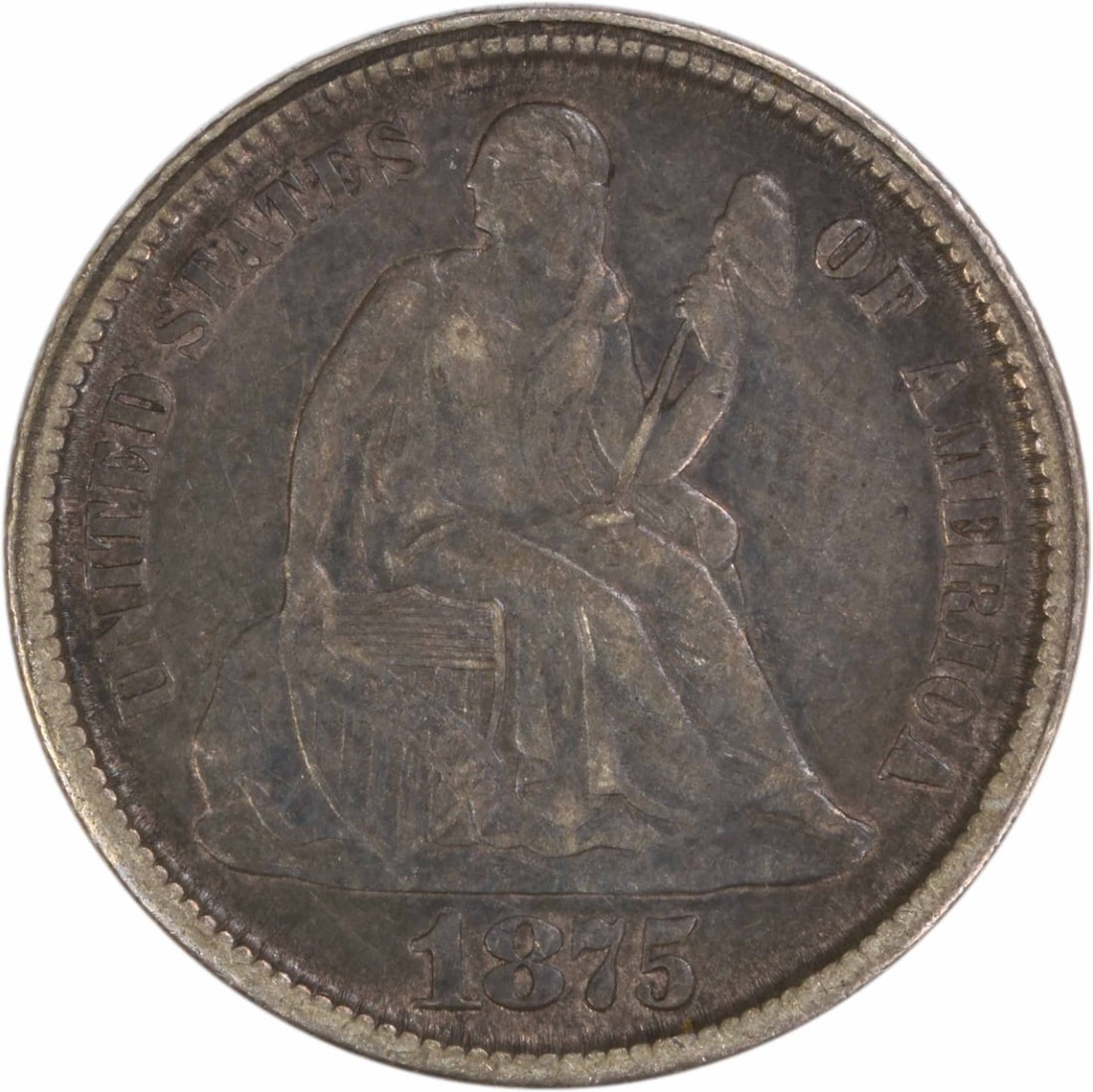 Carson City Mint 1875 Seated Liberty Dime Extra Fine Uncertified Silver Coin: Carson City Mint 1875 Seated Liberty Dime Extra Fine Uncertified Silver Coin This is a pre-owned 1875-CC Liberty Seated Silver Dime featuring the 'Below Bow' variety, struck at the Carson City Mint. D